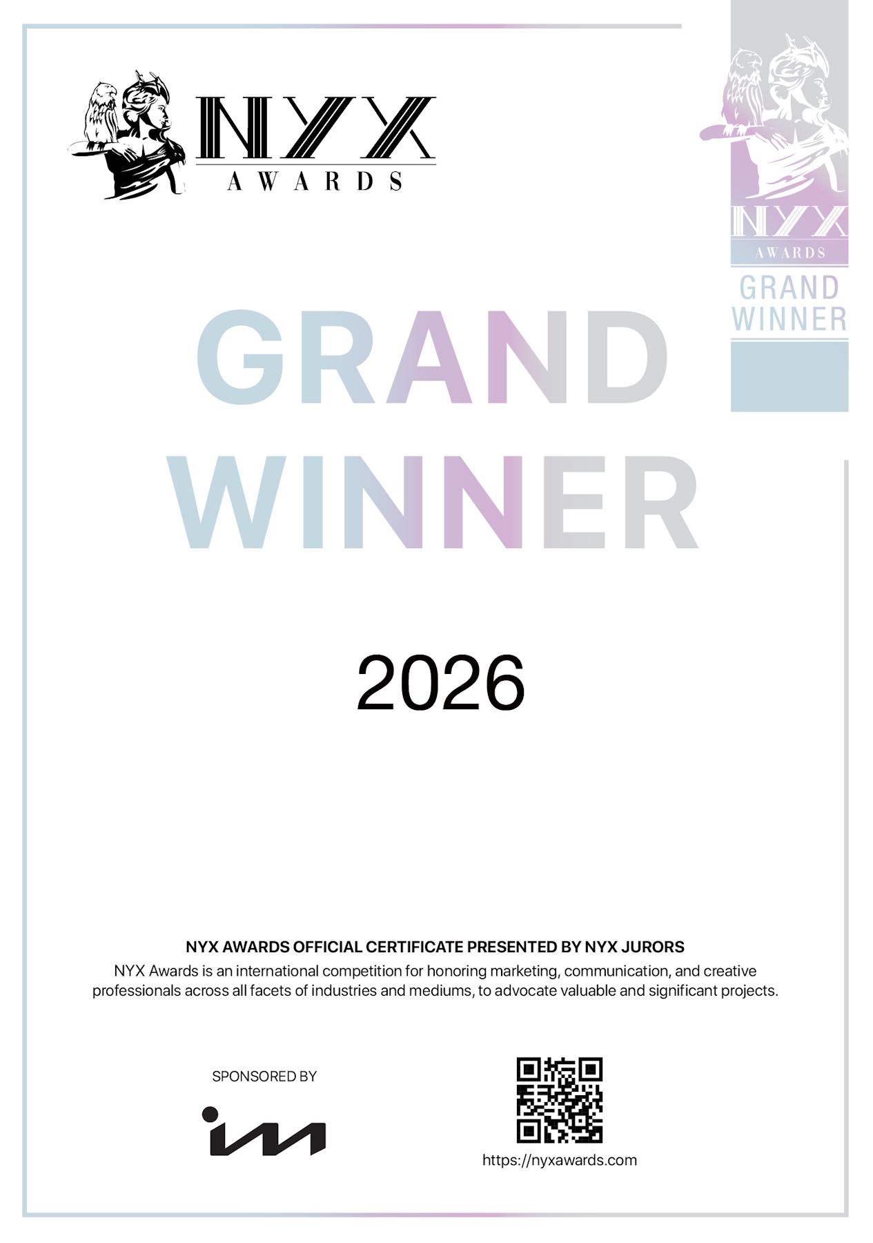 Winning Certificates for NYX Macrom Awards, NYX Video Awards